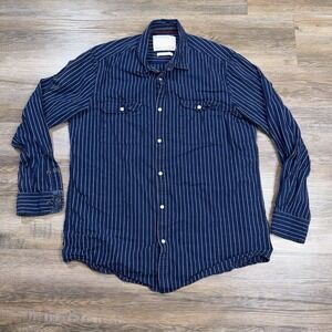 Splash Brand Shirt Mens Large Long Sleeve Denim Blue White Pinstripes Slim Fit